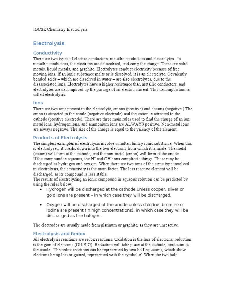 IGCSE Electrolysis Overview and Applications | PDF | Ion | Electrolyte