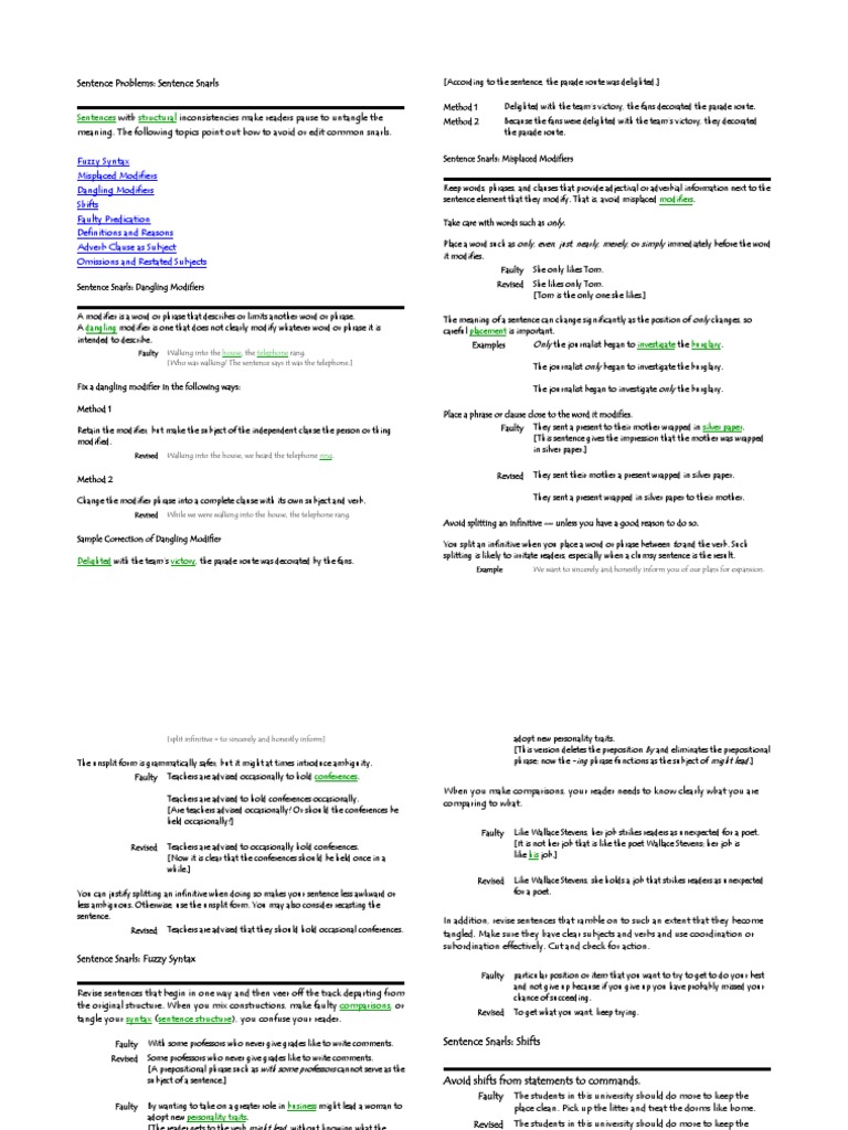 Sentence Problems Sentence Snarls with inconsistencies make readers pause to untangle the