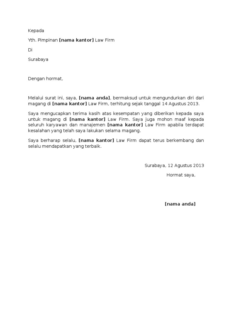 Contoh Surat Pengunduran Diri Magang Advokat  PDF