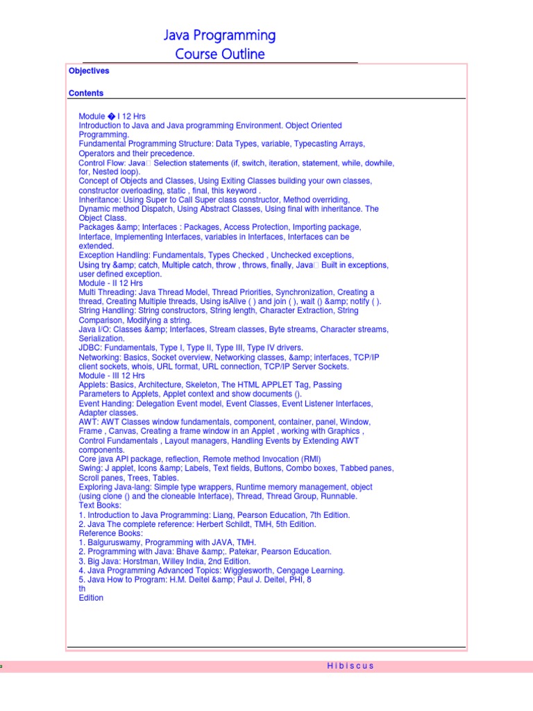 Java Programming Course Outline: Objectives | PDF | Data Warehouse ...