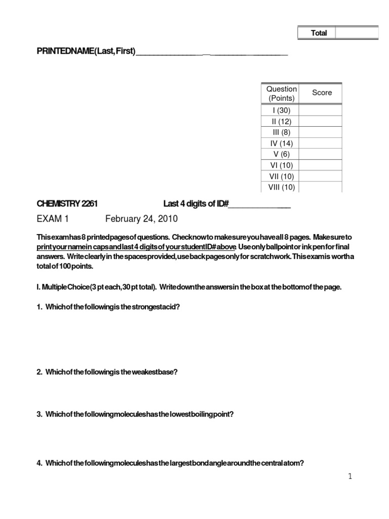 Chemistry 2261 Exam 1 Questions | PDF | Conformational Isomerism ...