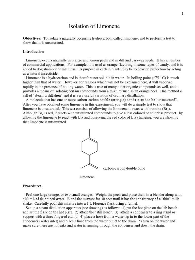 Limonene Isolation and Bromine Reaction | PDF | Distillation | Alkene
