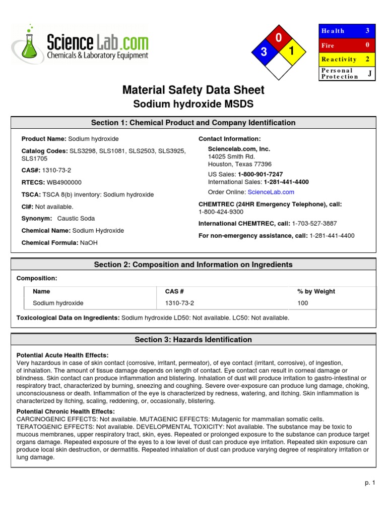 Sodium Hydroxide MSDS Overview | PDF | Toxicity | Sodium