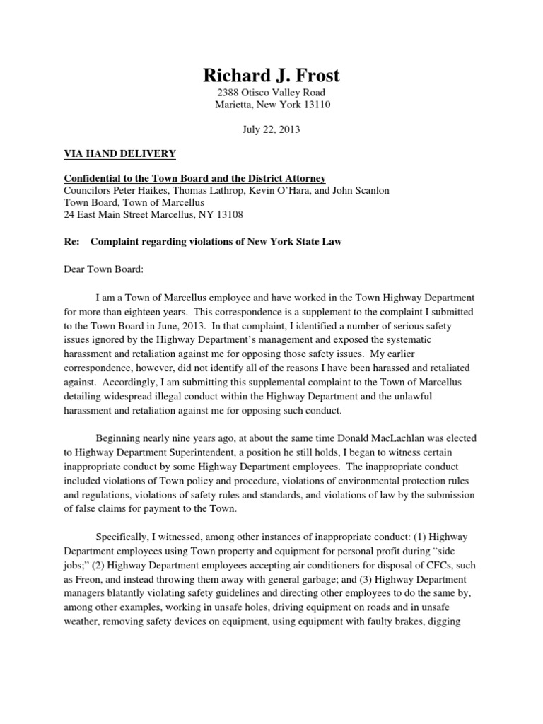 Employee Complains About Falsified Time Records at Marcellus Town