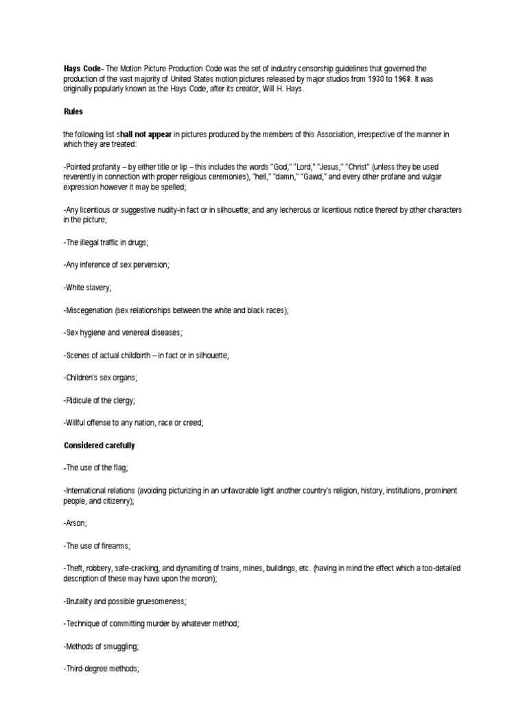 Hays CodeThe Motion Picture Production Code Was The Set of Industry