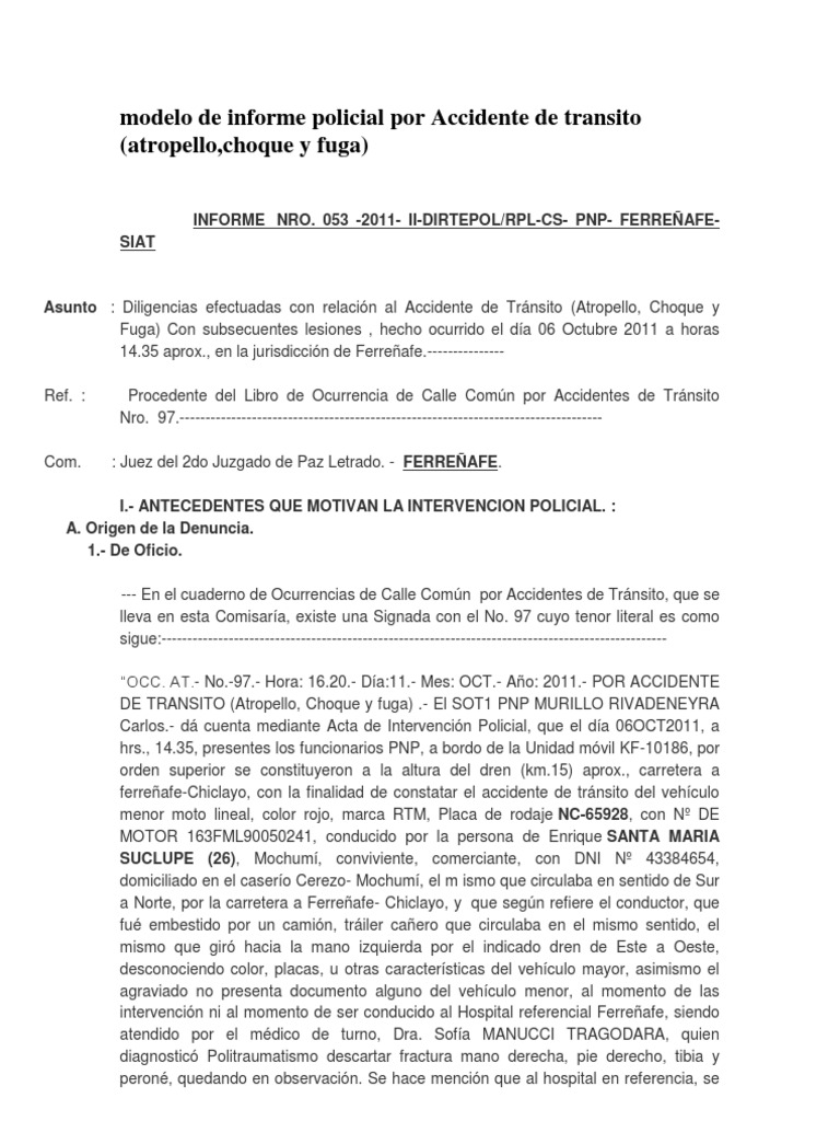 Modelo de Informe Policial Por Accidente de Transito | PDF | Accidente de  tráfico | Violencia