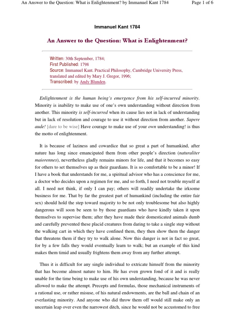 Immanuel kant defined enlightenment in terms of what quizlet picture