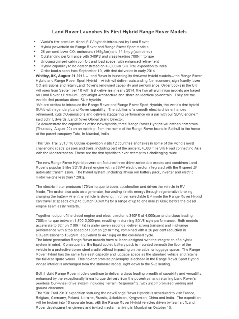 Range Rover Hybrid Press Release | PDF | Hybrid Vehicle | Engines