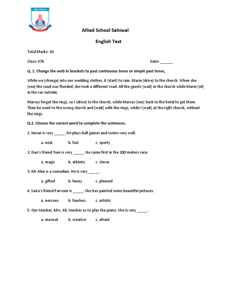 English Test for 4th Grade Students | PDF