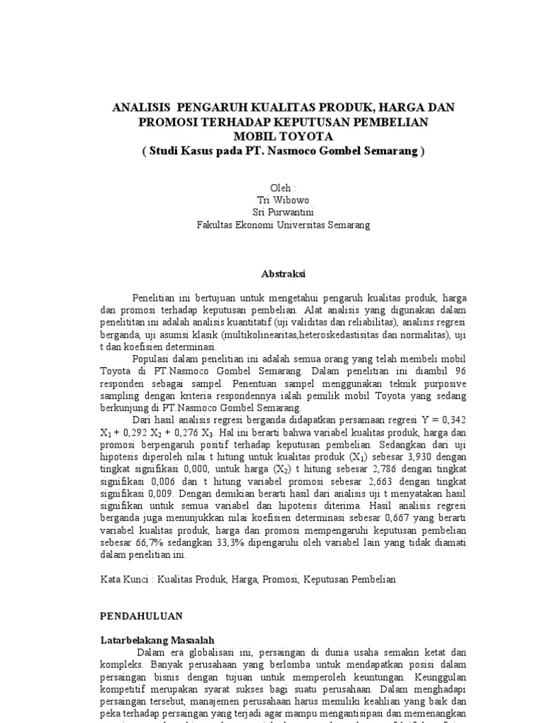 Analisis Pengaruh Kualitas Produk Harga Dan Promosi Terhadap Keputusan Pembelian Mobil Toyota