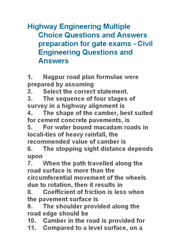 Highway Engineering Multiple Choice Questions and Answers Preparation