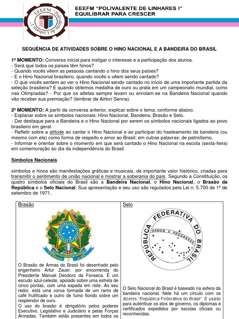 Atividades sobre Hino e Bandeira do Brasil | PDF | Brasil, image size:768x1024