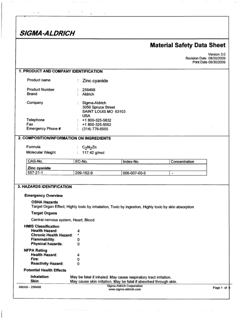 Zinc Cyanide Msds