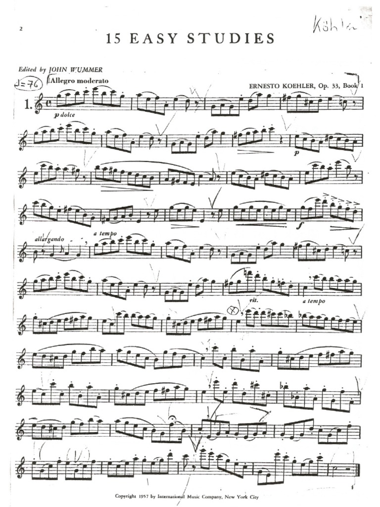 Koehler, Ernesto. 15 Easy Studies, Opus 33 for Flute Solo
