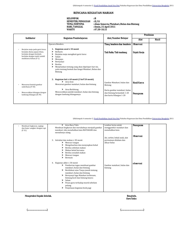 Satuan Kegiatan Harian PAUDTK untuk perencanaan