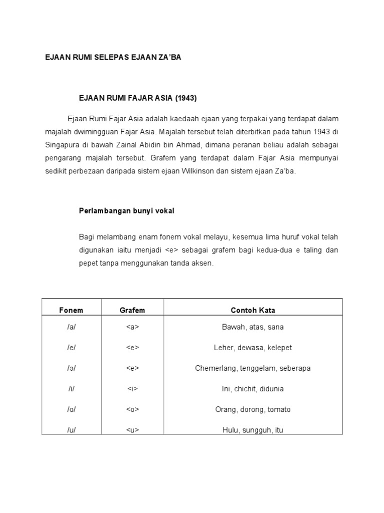 Ejaan Rumi Selepas Ejaan Za Pdf