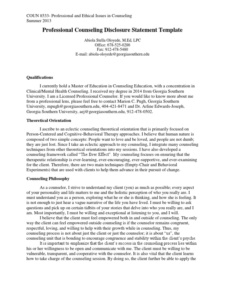 professional counseling disclosure statement template Cognitive