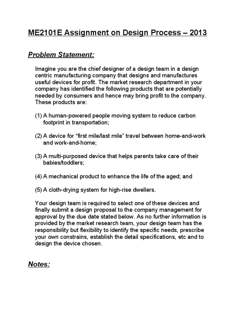 ME2101E - Assignment On Design Process - 2013 | PDF | Economics | Business