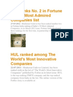HUL Ranks No. 2 in Fortune India's Most Admired Companies List