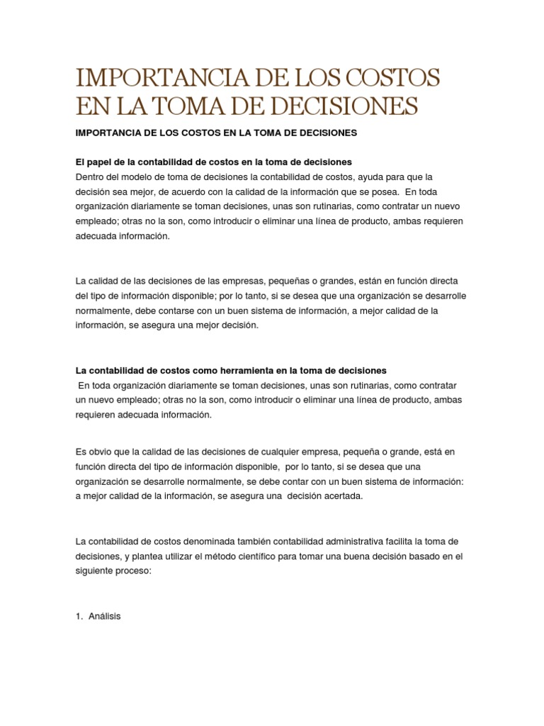 Costos en la Toma de Decisiones Empresariales | PDF | Toma de ...