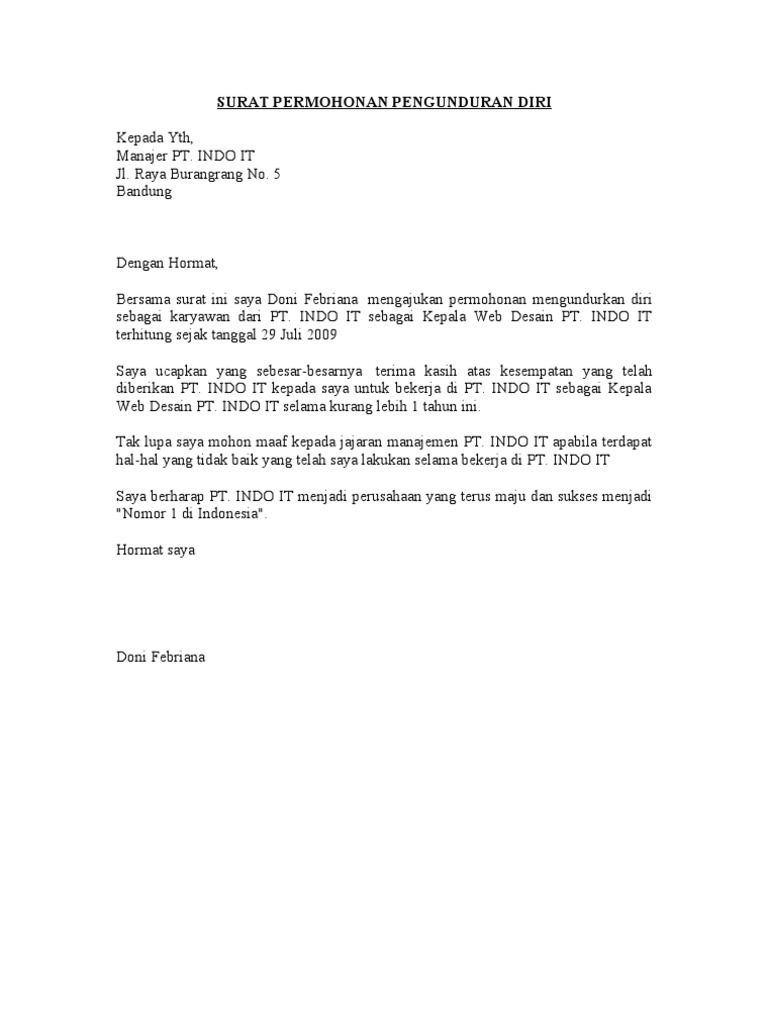 Contoh Surat Pengunduran Diri Dari Perusahaan Contoh