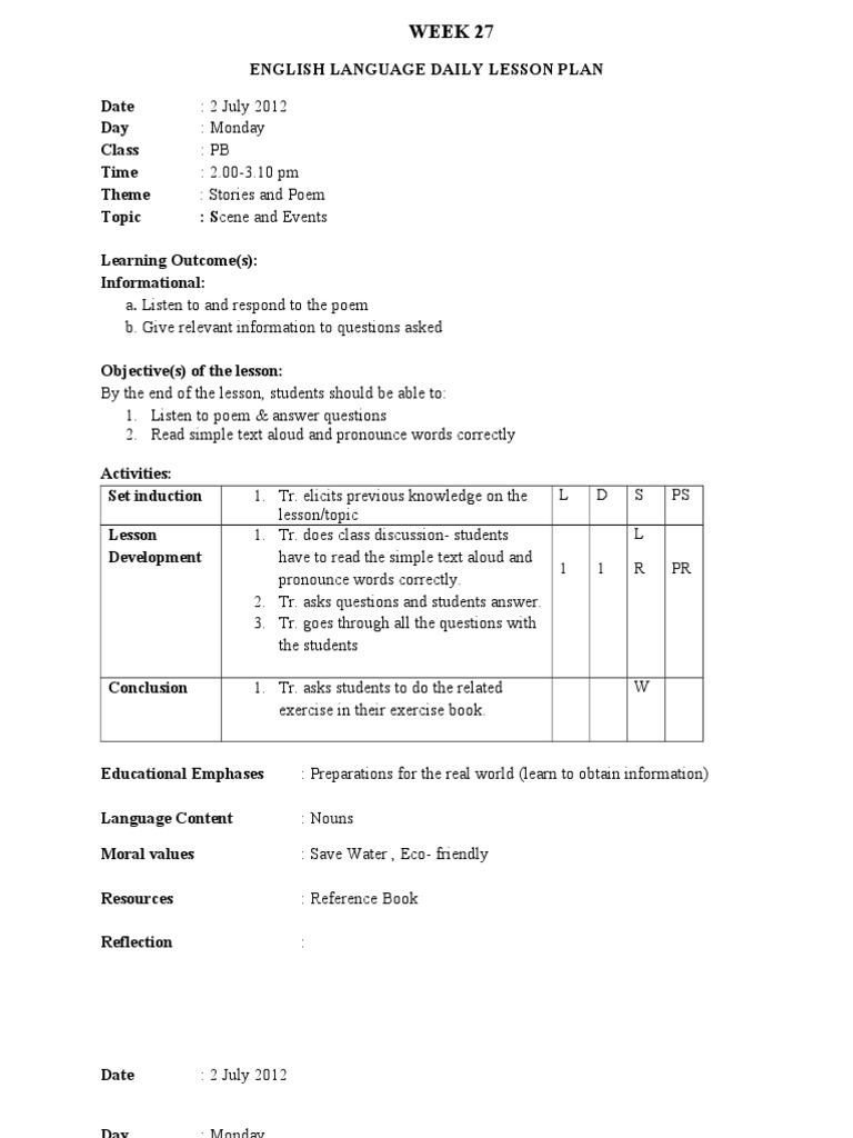 English Lesson Plans for Week 27 | PDF | Lesson Plan | English Language