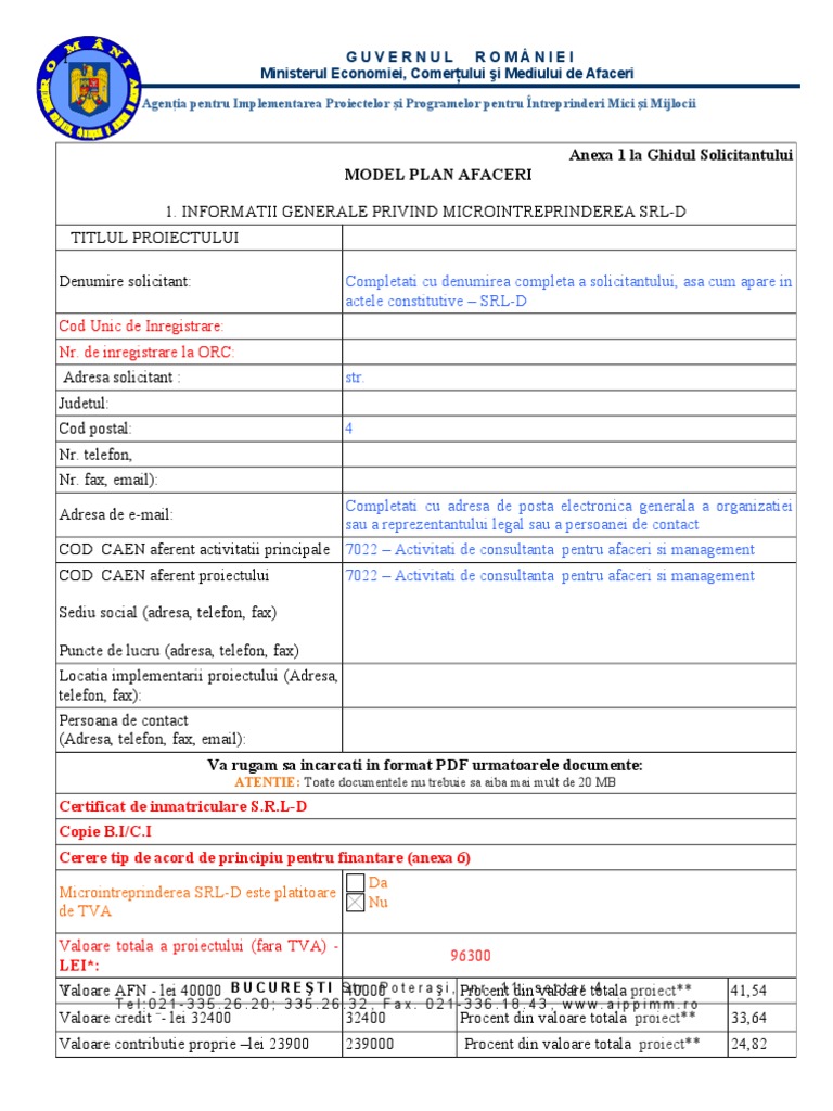 Anexa 1 la Ghidul Solicitantului Model Plan Afaceri: Cod Unic de