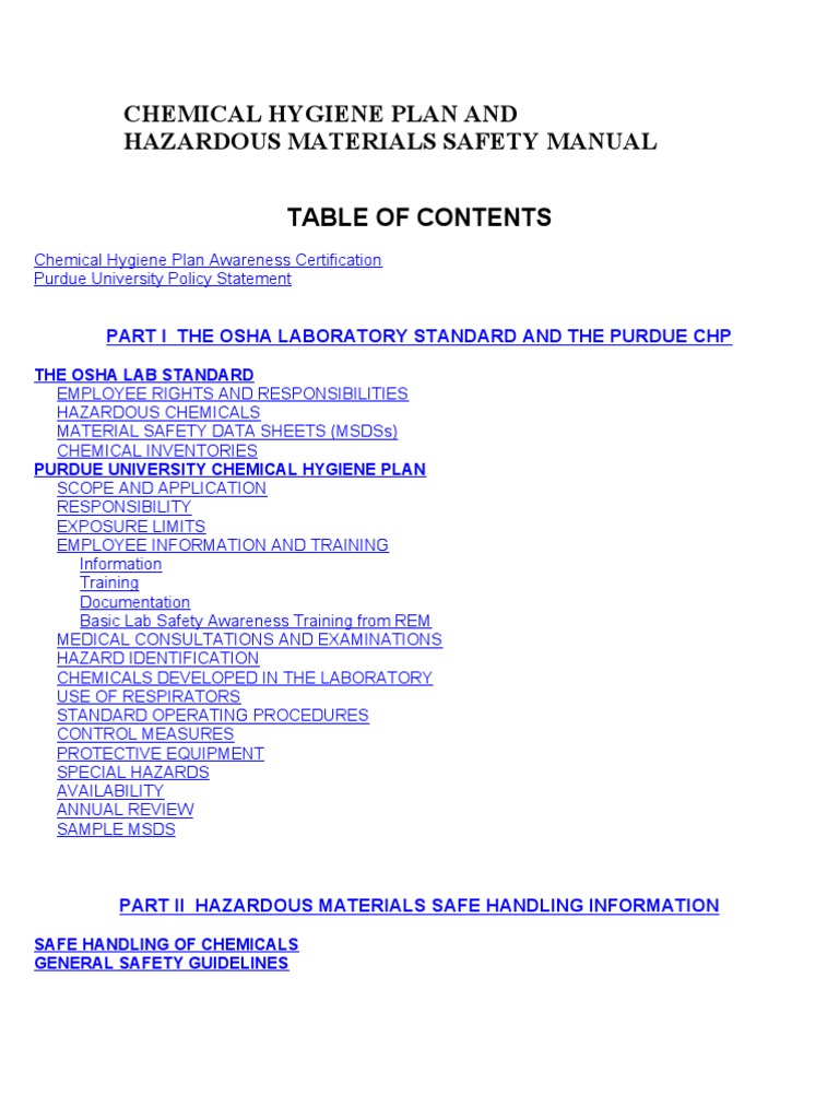 Chemical Hygiene Plan and Hazardous Materials Safety Manual The Osha