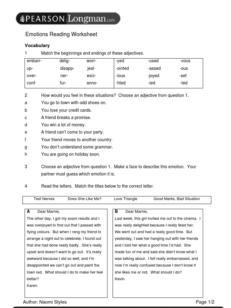 Emotions Reading Worksheet[1] | Leisure