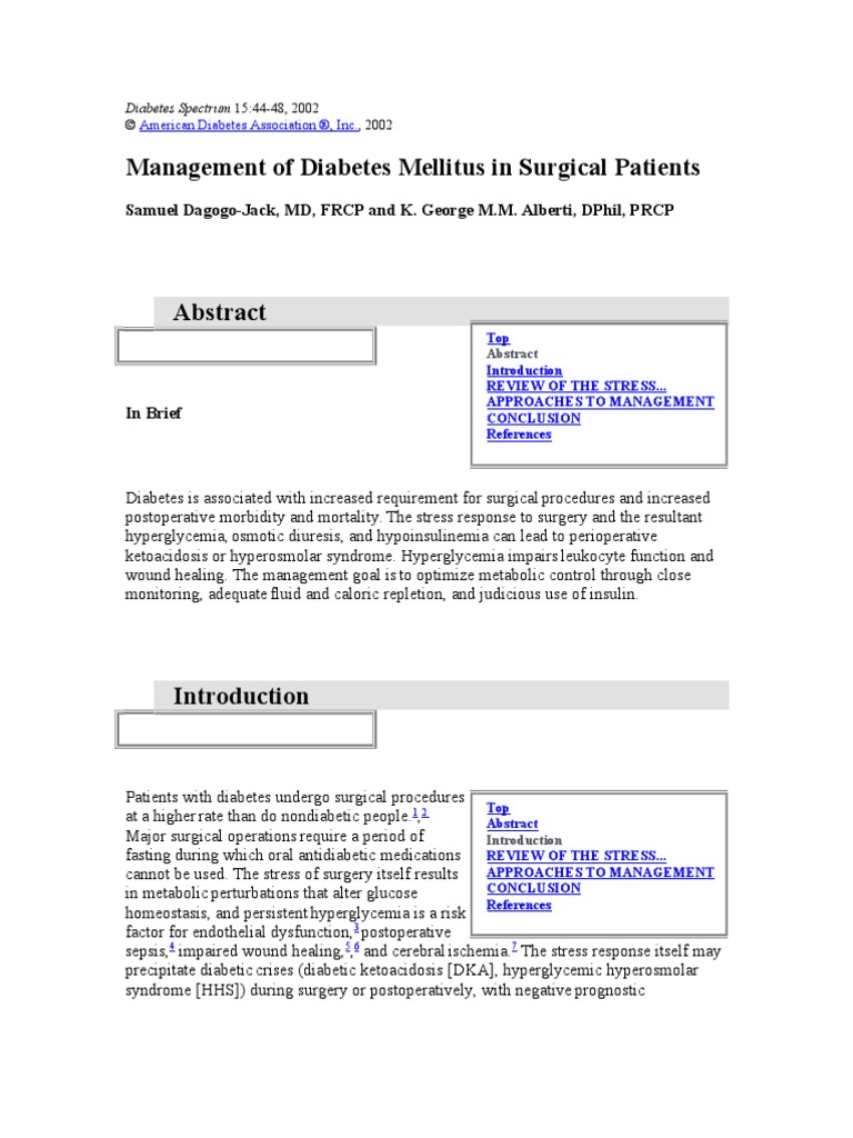 Management of Diabetes Mellitus in Surgical Patients | PDF | Diabetes ...