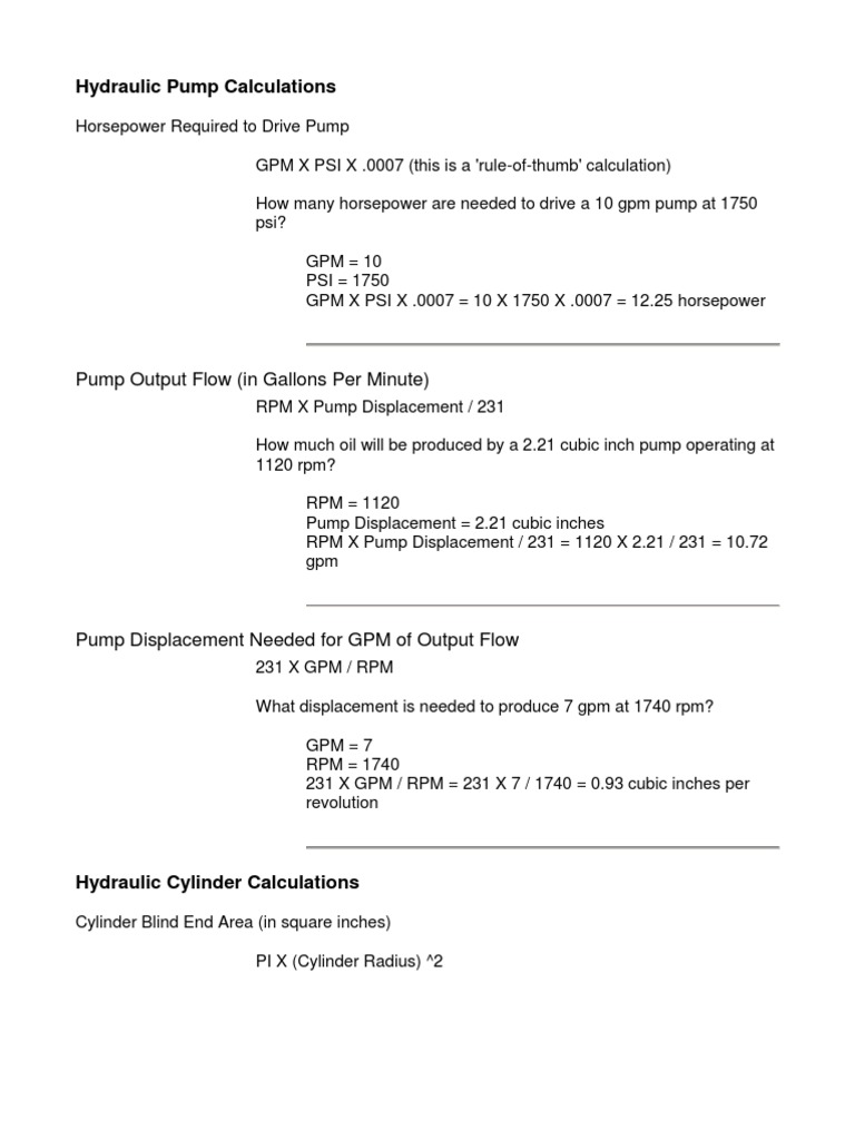 Hydraulic Pump Calculations PDF Horsepower Gallon