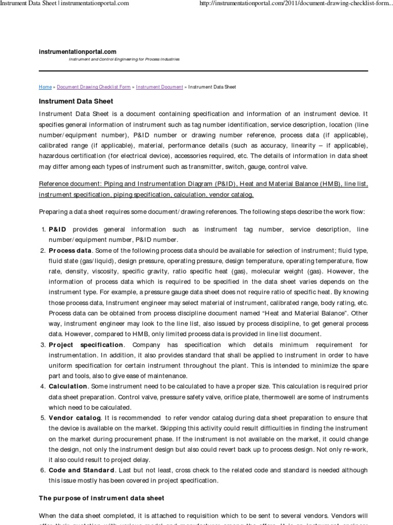 Instrument Data Sheet Document Drawing Checklist Form Instrument Document