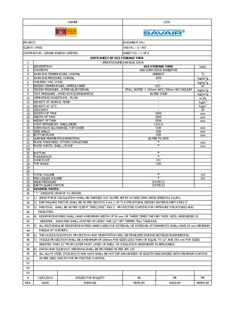 Data Sheet Of Gci Storage Tank Gci Storage Tank