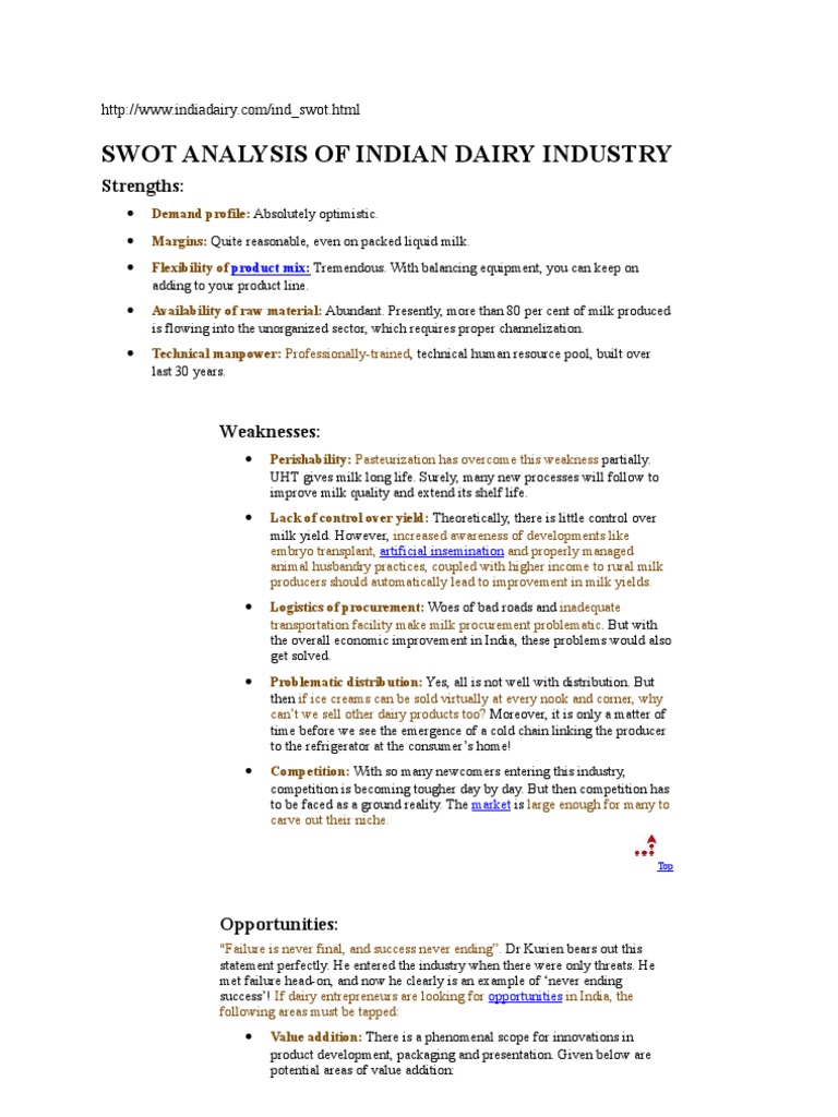 Swot of Indian Dairy Industry PDF Milk Dairy