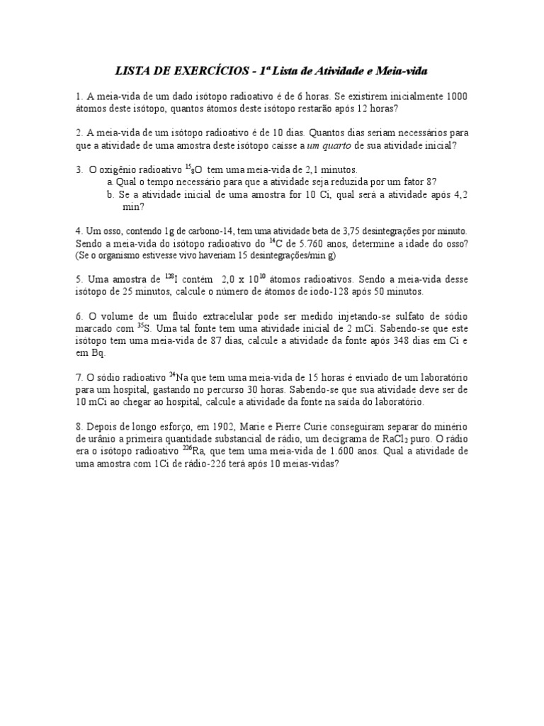 Exercícios sobre Meia-Vida Radioativa | PDF | Radioatividade | Raio gama