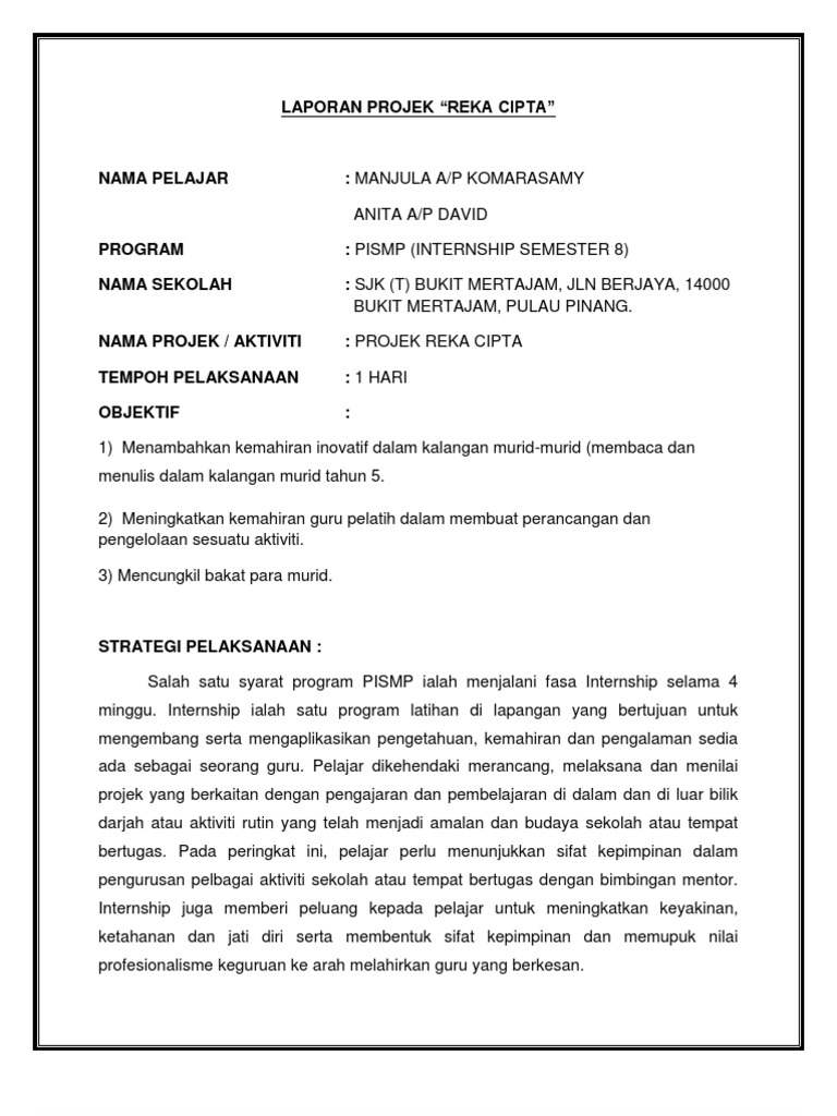 Laporan Projek Kumpulan Reka Cipta | PDF
