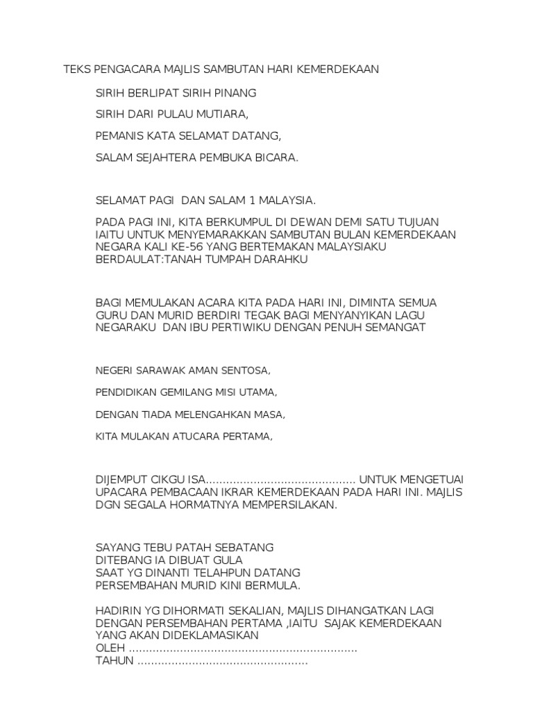 Contoh Teks Mc Majlis Sambutan Hari Kemerdekaan