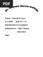 Name: - Russell D'souza F.Y.BMS Roll No.: - 17 Introduction To Computers Submitted To: - Miss Vileena 2013-2014 Sign