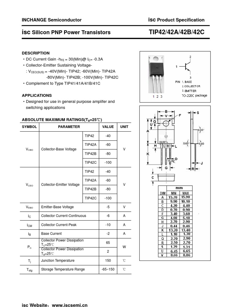 TIP42 PNP Power Transistor Specs | PDF | Technology & Engineering