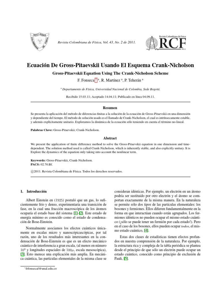 Ecuación de GrossPitaevskii Usando El Esquema CrankNicholson PDF