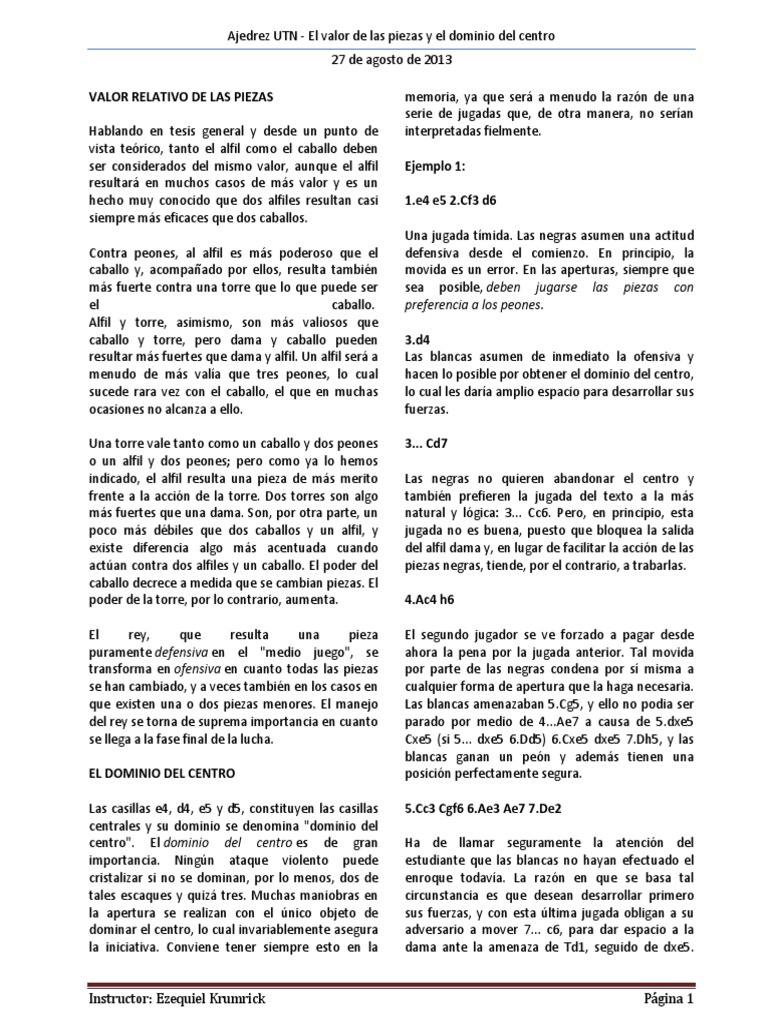 Valor de las piezas en ajedrez | PDF | Aperturas de ajedrez | Ajedrez