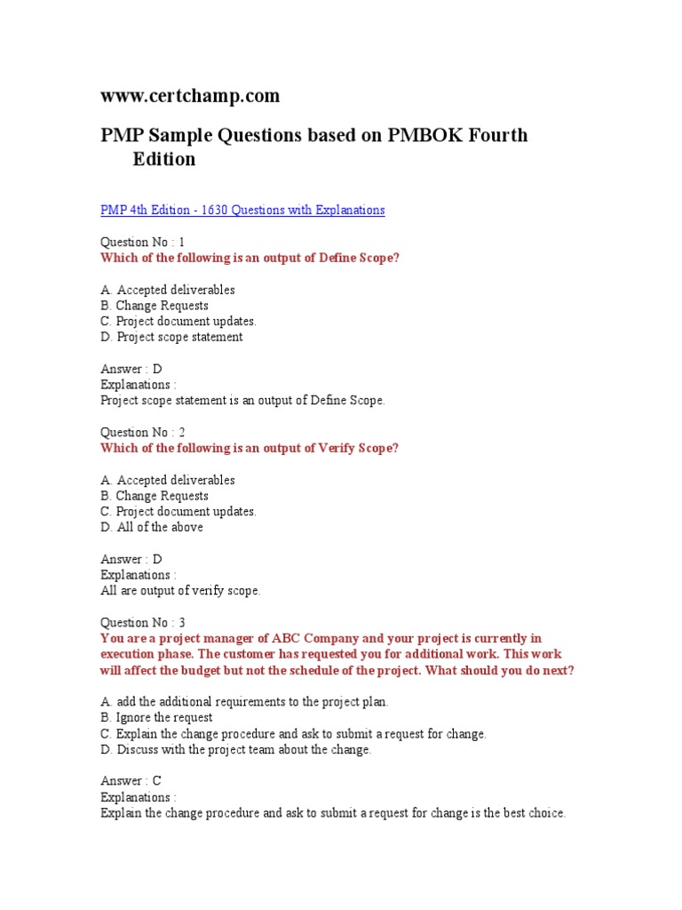 PMP Exam Sample Questions and Answers | PDF | Project Management | Top ...