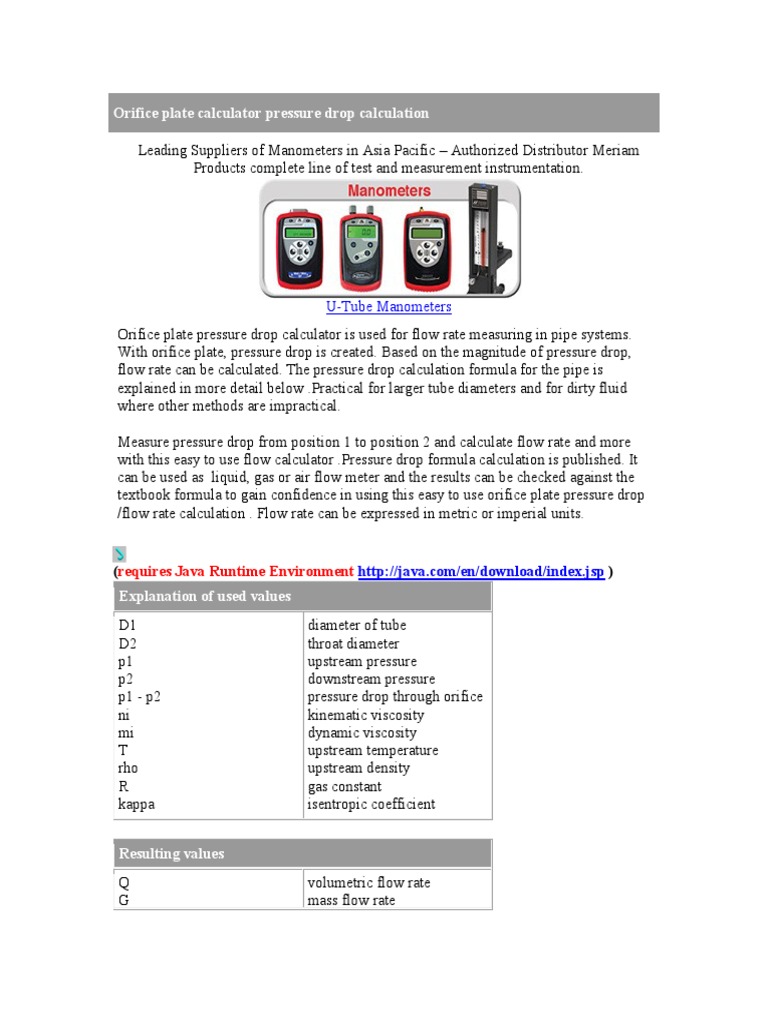 Orifice Plate Calculator Pressure Drop Calculation PDF Fluid