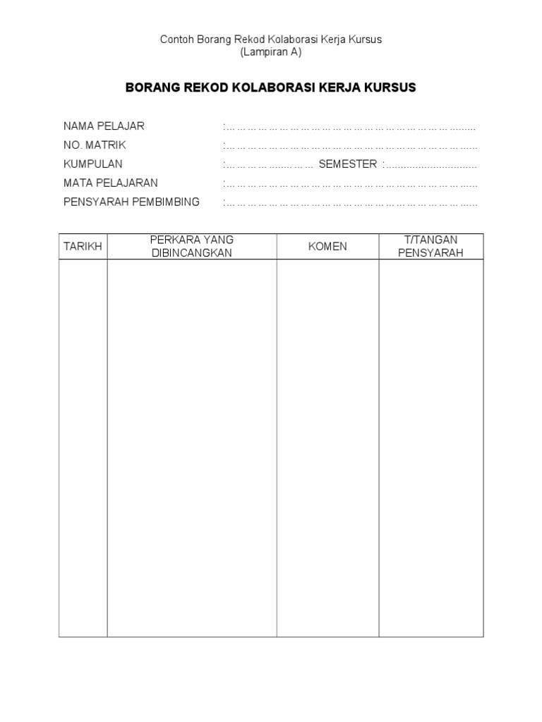 Contoh Lampiran A Borang Kolaborasi Kerja Kursus Pdf