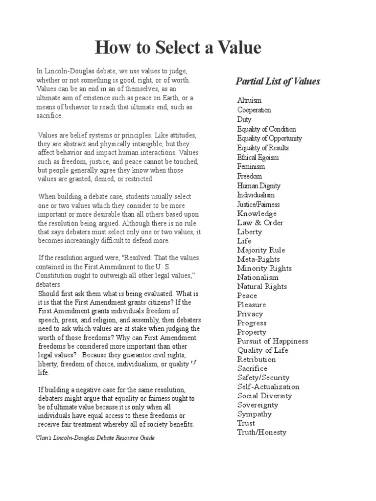 Selecting Values in LD Debate | PDF | Natural And Legal Rights | Altruism