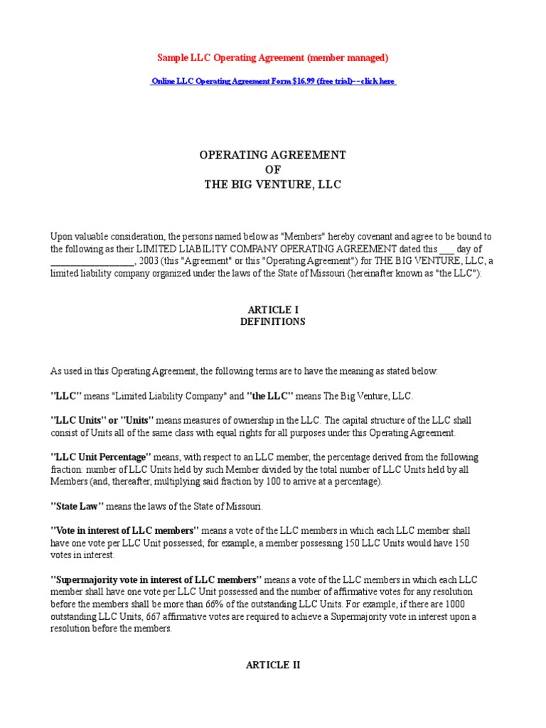 Sample Operating Agreement-llc | Limited Liability Company | Security