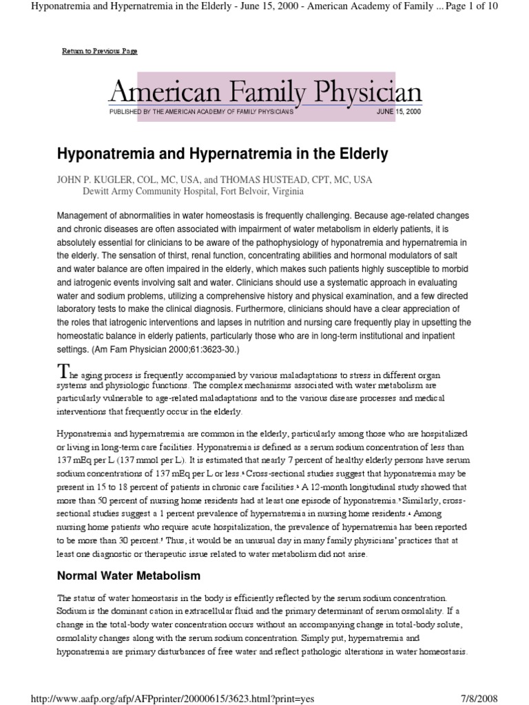 Hyponatremia Hypernatremia In Elderly AAFP PDF Dehydration 