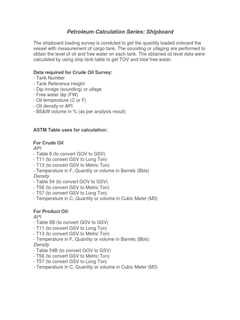 Shipboard Oil Loading Calculations | PDF | Barrel (Unit) | Ton