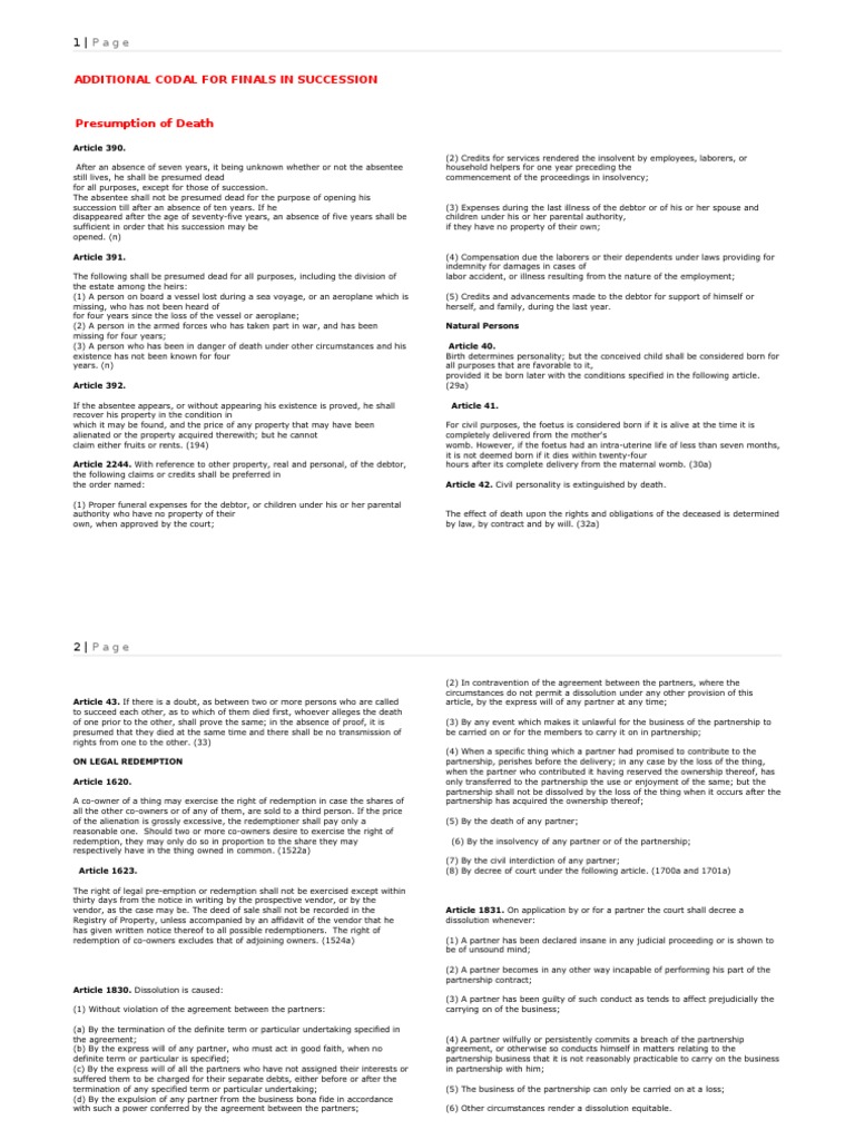 Additional Codal For Finals in Succession | PDF | Partnership | Property