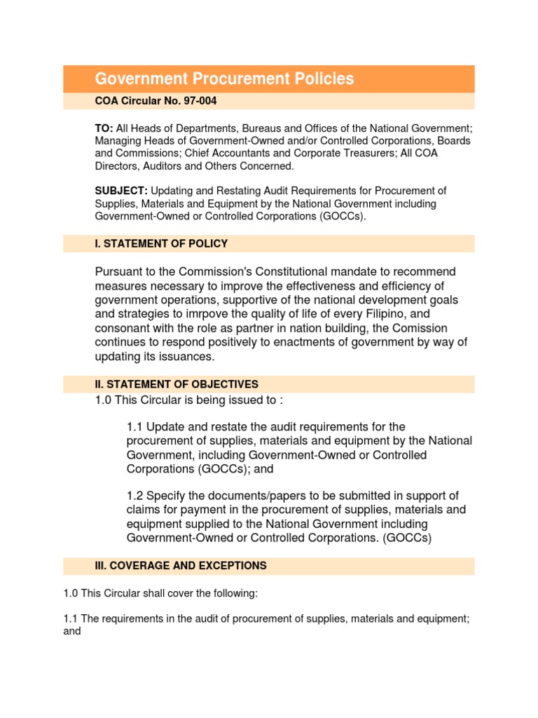 Government Procurement Policies (Updating and Restating Audit
